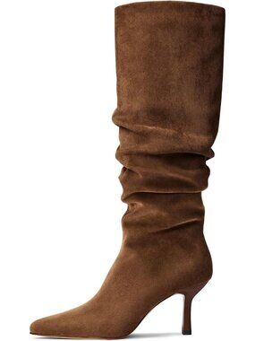 Stylish Knee High Suede Boots for Women - Ruched Tall Slouchy Design, Kitten